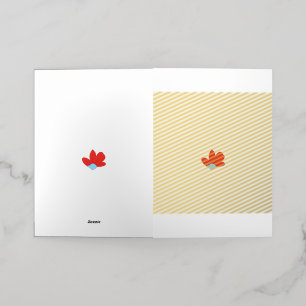 a red flower with a blue center foil greeting card