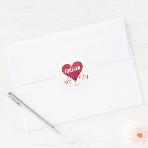 A Red Glitter Heart MrMrs Round Sticker