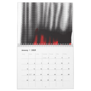 A red graphic design featuring bold geometric shap calendar