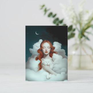 A Red Haired Woman Holding a Cat In The Clouds  Postcard