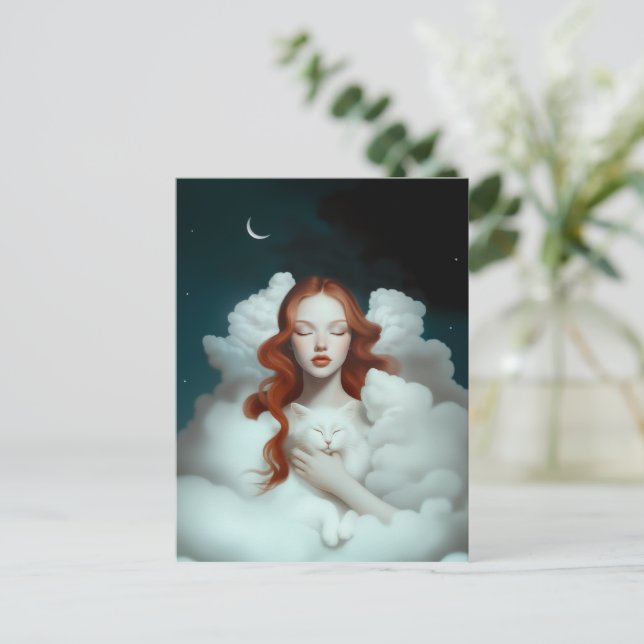 A Red Haired Woman Holding a Cat In The Clouds  Postcard (Standing Front)