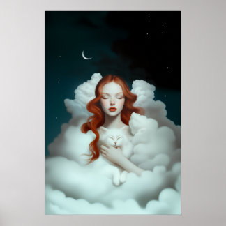 A Red Haired Woman Holding a Cat In The Clouds Poster