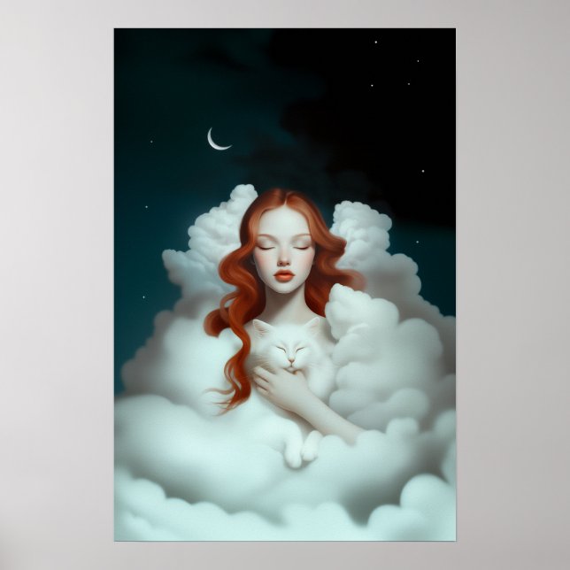 A Red Haired Woman Holding a Cat In The Clouds  Poster (Front)