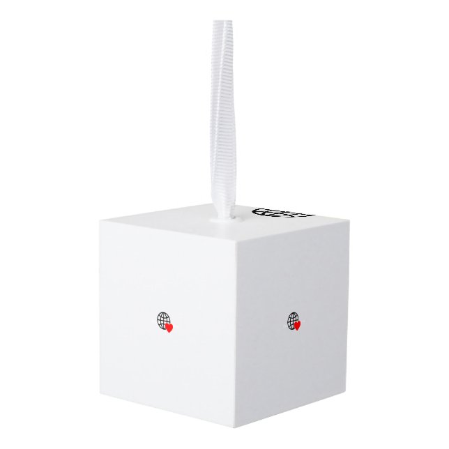 A red heart symbol created with smooth, bold lines cube ornament (Back Angled)