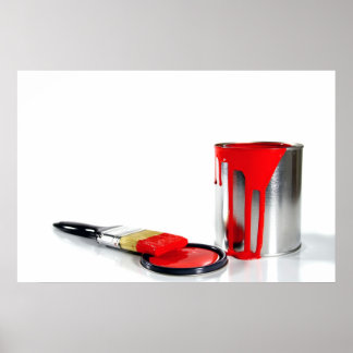 a red paint bucket and brush poster