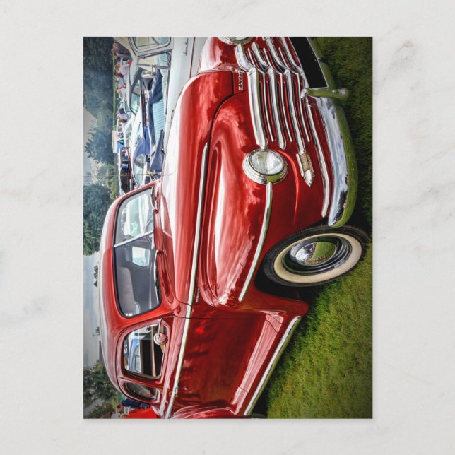 A red Plymouth Special Deluxe Coupe Postcard (Front)