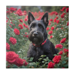 "A Red Rose for the Black Scottish Terrier" Ceramic Tile