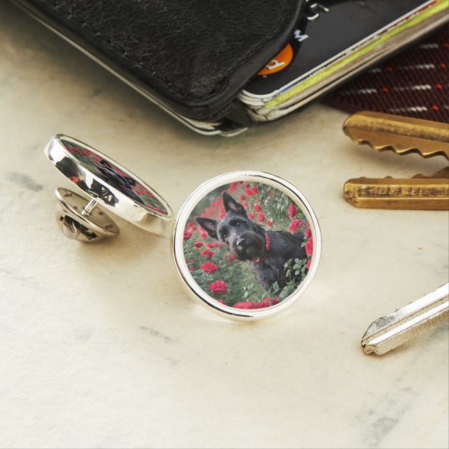 "A Red Rose for the Black Scottish Terrier" Lapel Pin (In Situ)