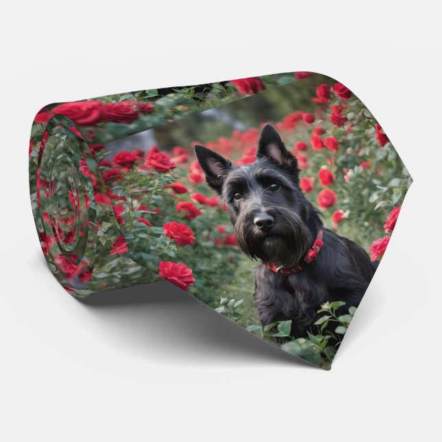 "A Red Rose for the Black Scottish Terrier" Neck Tie (Rolled)