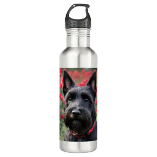"A Red Rose for the Black Scottish Terrier" Stainless Steel Water Bottle