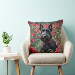 "A Red Rose for the Black Scottish Terrier" Throw Pillow