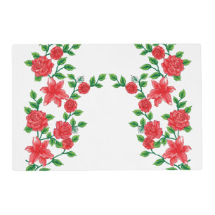 A red rose with detailed petals, depicted in a cli placemat