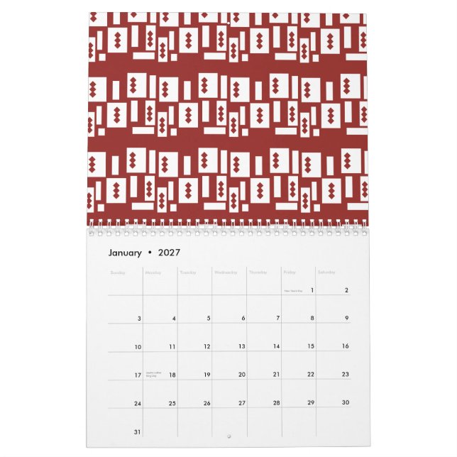 A red rug with a textured pattern is spread out on calendar (Jan 2027)