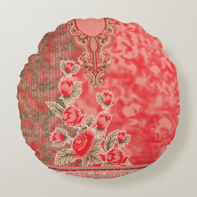 a red scarf with flowers on it round pillow (Front)