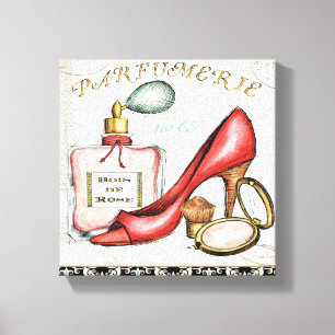 A Red Shoe, A Bottle of Perfume, and Blush Powder Canvas Print