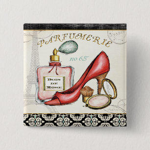 A Red Shoe, A Bottle of Perfume, and Blush Powder Pinback Button