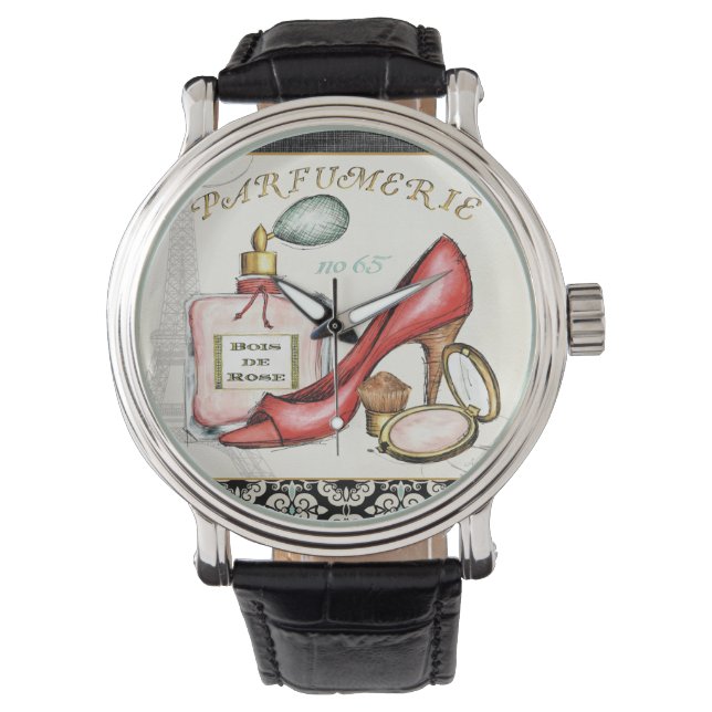 A Red Shoe, A Bottle of Perfume, and Blush Powder Watch (Front)