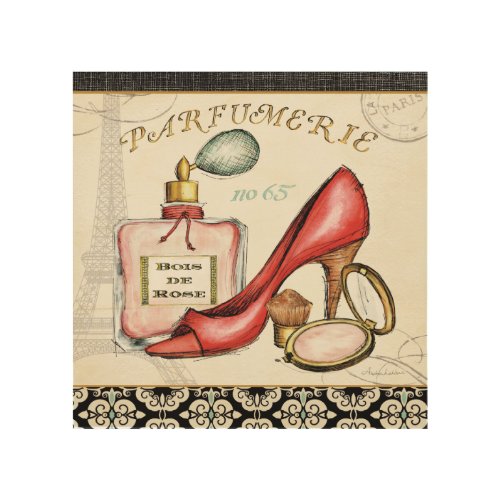 A Red Shoe A Bottle of Perfume and Blush Powder Wood Wall Decor