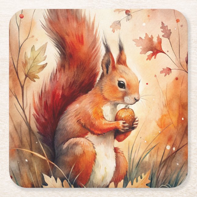 A Red Squirrel eating a nut Square Paper Coaster (Front)