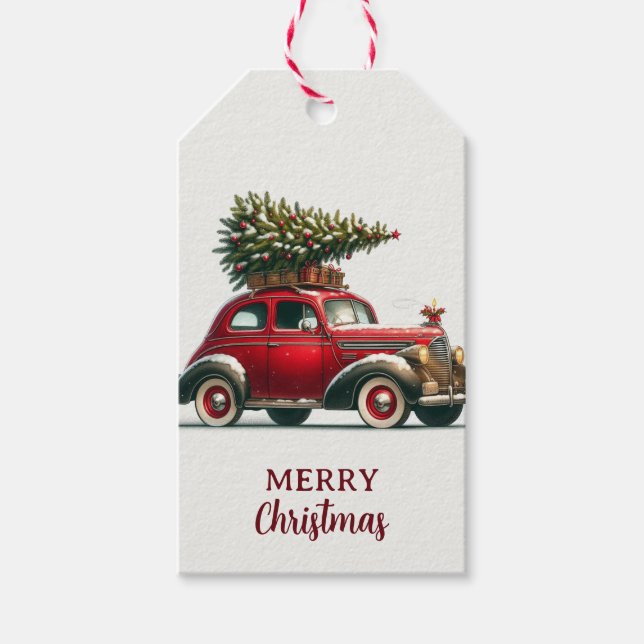 A red vintage Christmas car Gift Tag (Front)
