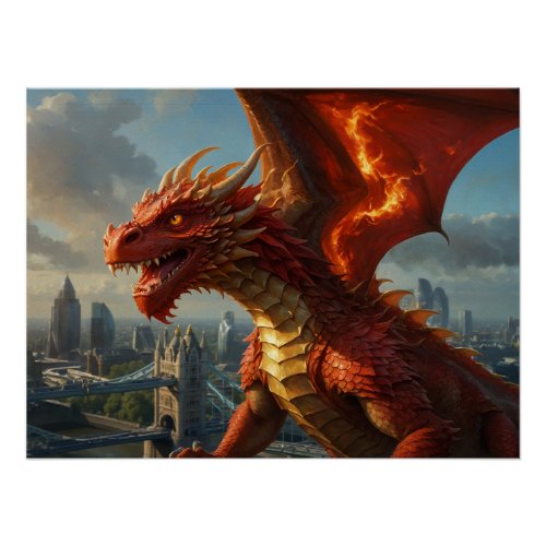 A Red Welsh Dragon Terrorizes London Poster