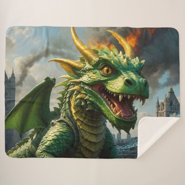 A Red Welsh Dragon Terrorizes London Sherpa Blanket (Front (Horizontal))