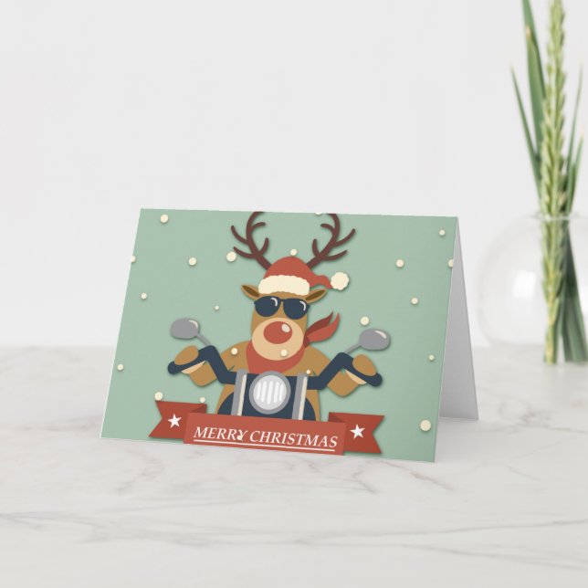 A reindeer sunglasses riding motorcycle card (Front)