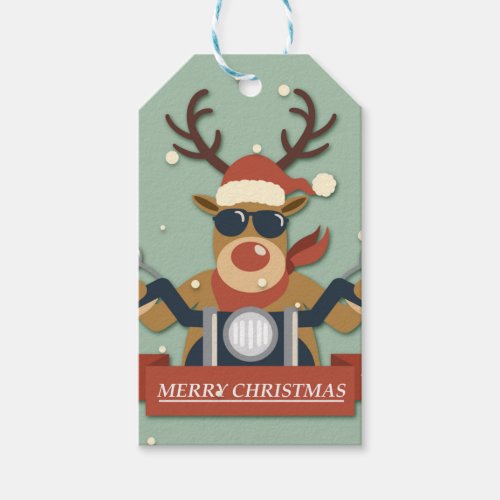 A reindeer sunglasses riding motorcycle gift tags