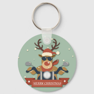 A reindeer sunglasses riding motorcycle keychain