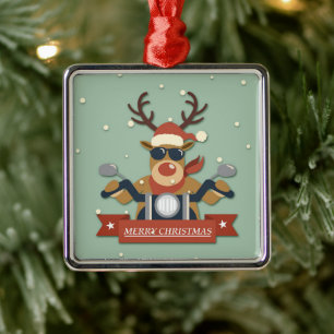 A reindeer sunglasses riding motorcycle metal ornament