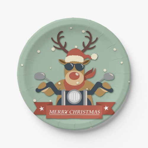 A reindeer sunglasses riding motorcycle paper plates