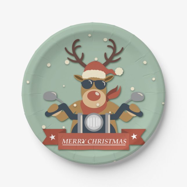 A reindeer sunglasses riding motorcycle paper plates (Front)