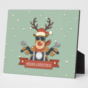 A reindeer sunglasses riding motorcycle plaque