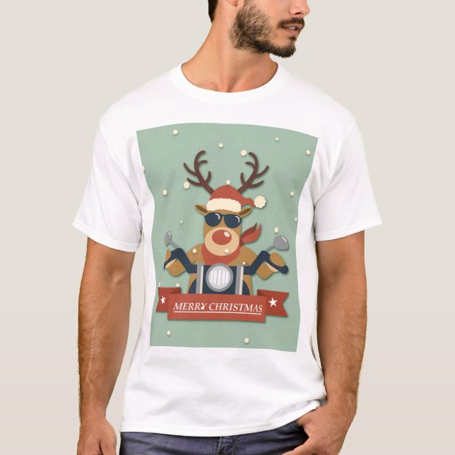 A reindeer sunglasses riding motorcycle T-Shirt (Front)