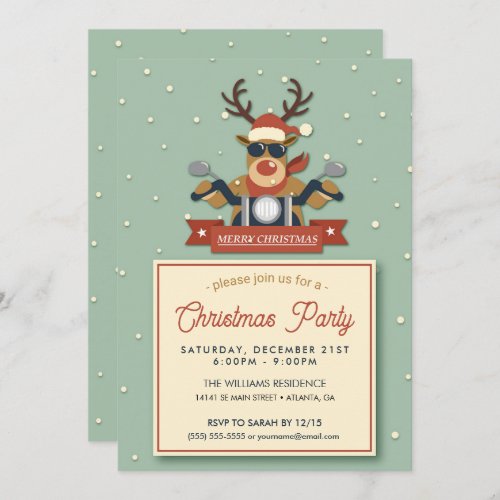 A reindeer wearing sunglasses riding motorcycle invitation