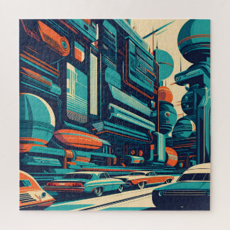 A retro-futuristic city jigsaw puzzle