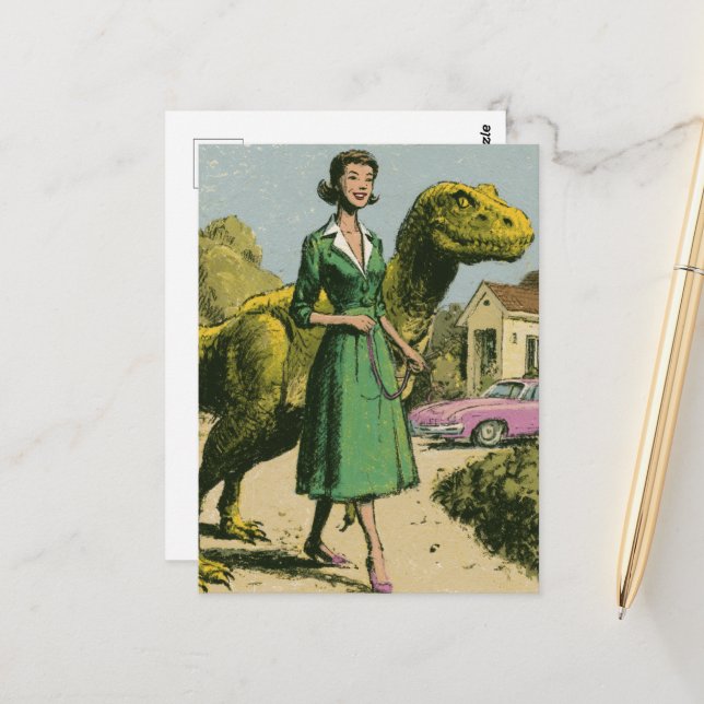 A retro lady walks her pet green Dinosaur Postcard (Front/Back In Situ)