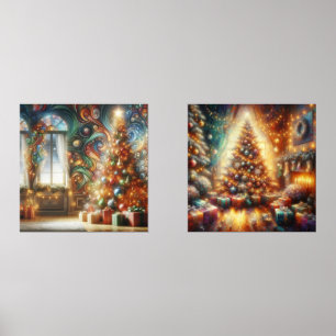 A Retro Style Christmas Tree With Presents on Wall Art Sets