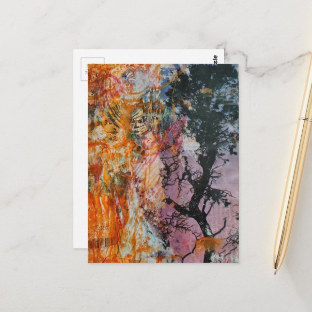A Retro Tree Mixed Media Collage  Postcard (Front/Back In Situ)