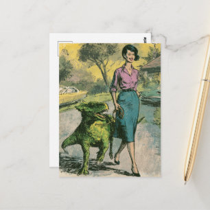 A retro woman walks her pet tiny Dino Postcard