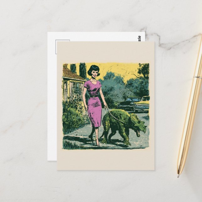 A retro woman walks her pet tiny green Dino Postcard (Front/Back In Situ)