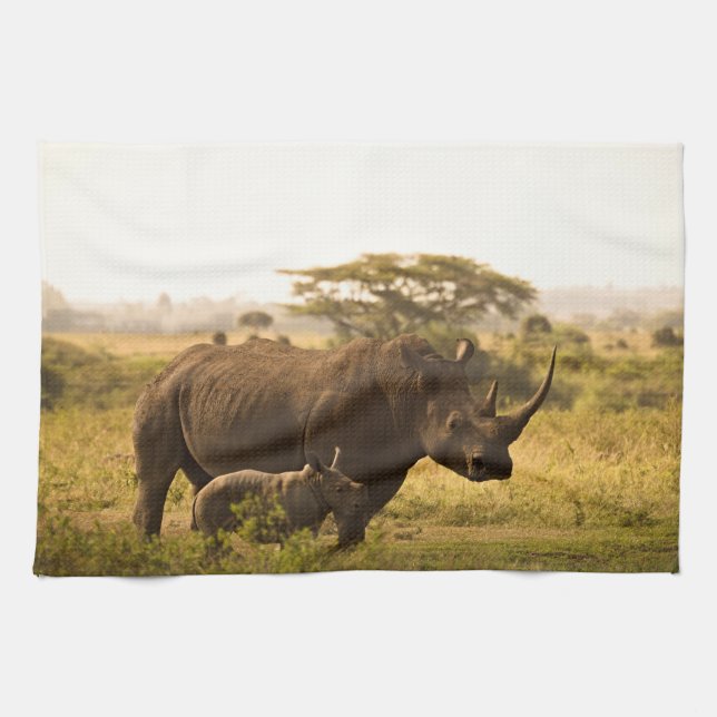 A Rhino with her baby Kitchen Towel (Horizontal)