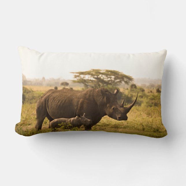 A Rhino with her baby Lumbar Pillow (Front)
