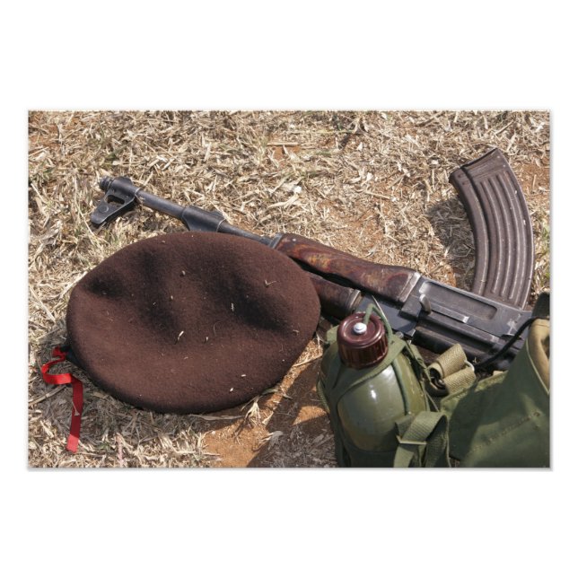 A rifle, military cover and canteen photo print (Front)