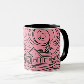 a rising sun in front of the sea, mug