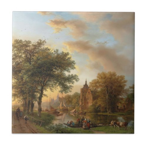 A River Landscape in Holland at Sunset 1852 Ceramic Tile
