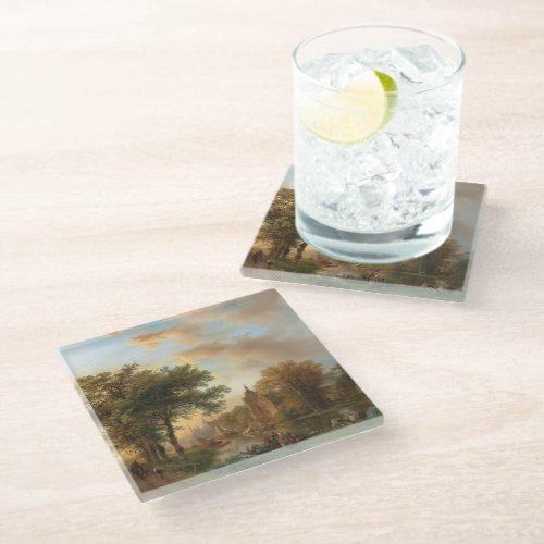 A River Landscape in Holland at Sunset 1852 Glass Coaster