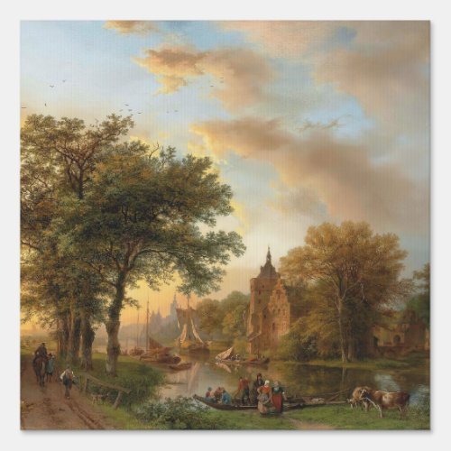 A River Landscape in Holland at Sunset 1852 Sign