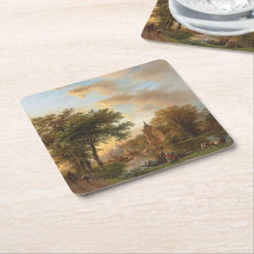 A River Landscape in Holland at Sunset 1852 Square Paper Coaster