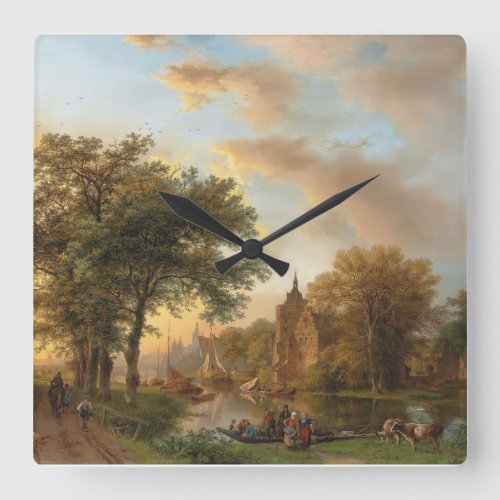 A River Landscape in Holland at Sunset 1852 Square Wall Clock